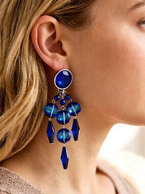 Eric Beamon vintage Clip chandelier earrings with royal blue Swarovski crystals